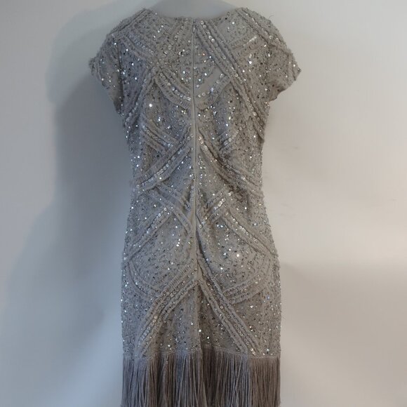 Womens Aidan Mattox Gray Silver Sequin Cap Sleeve Midi Sheath Pencil Dress 14 - Picture 7 of 16